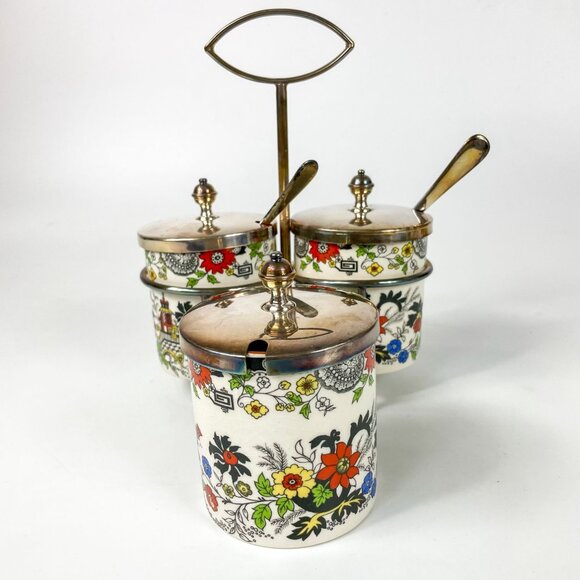 Royal Norfolk Staffordshire UK Condiment Jars Set Of 3 With Holder Spoons Floral - Picture 2 of 8